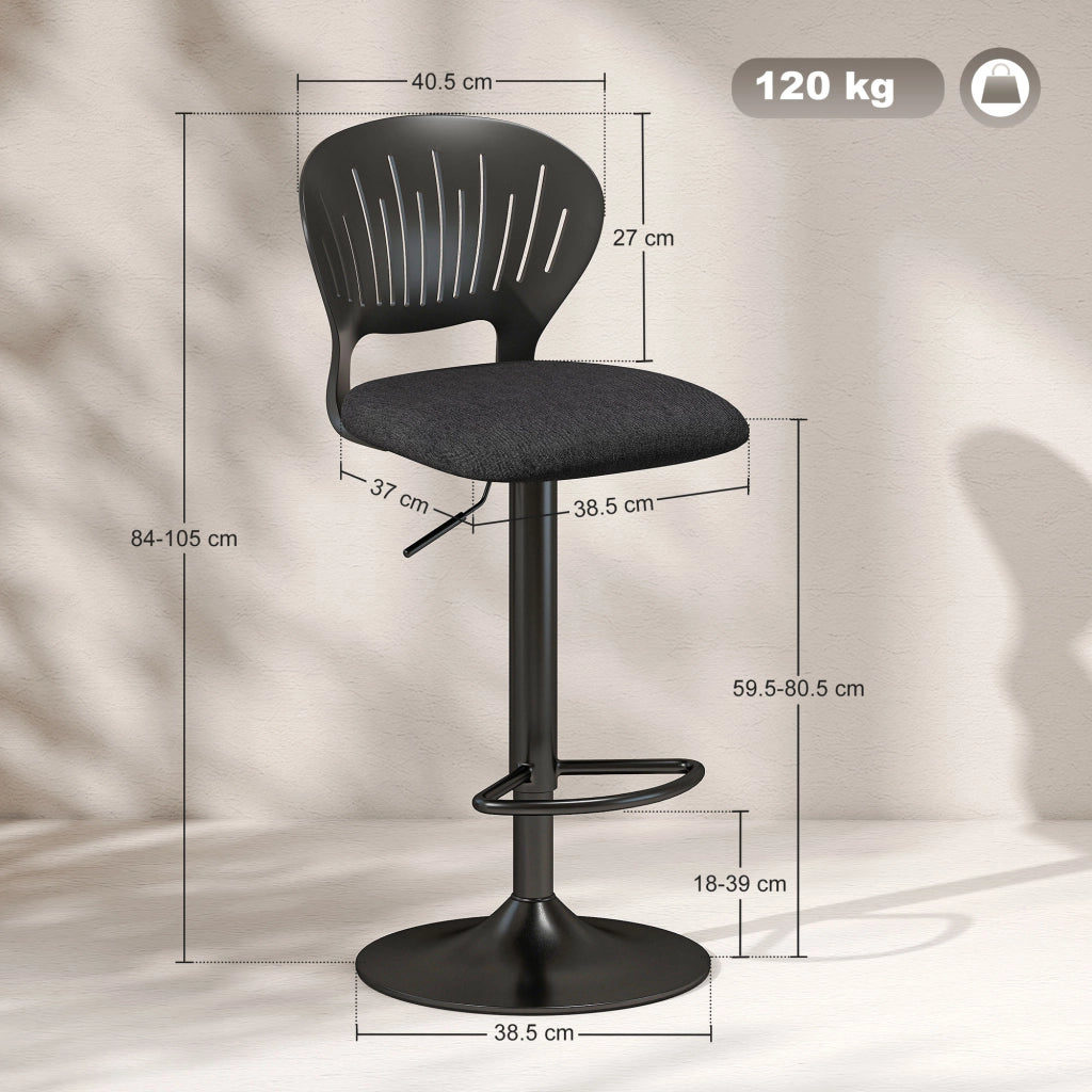 Set 2 Sgabelli da Bar 40,5x43x84-105 cm in Tessuto Effetto Lino e Metallo con Poggiapiedi Nero