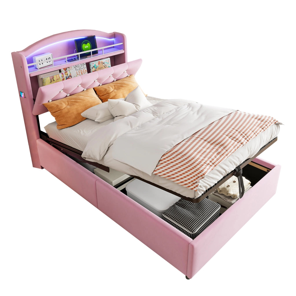 Letto imbottito per bambini 90x200 cm con contenitore; LED; USB e portaoggetti; rosa