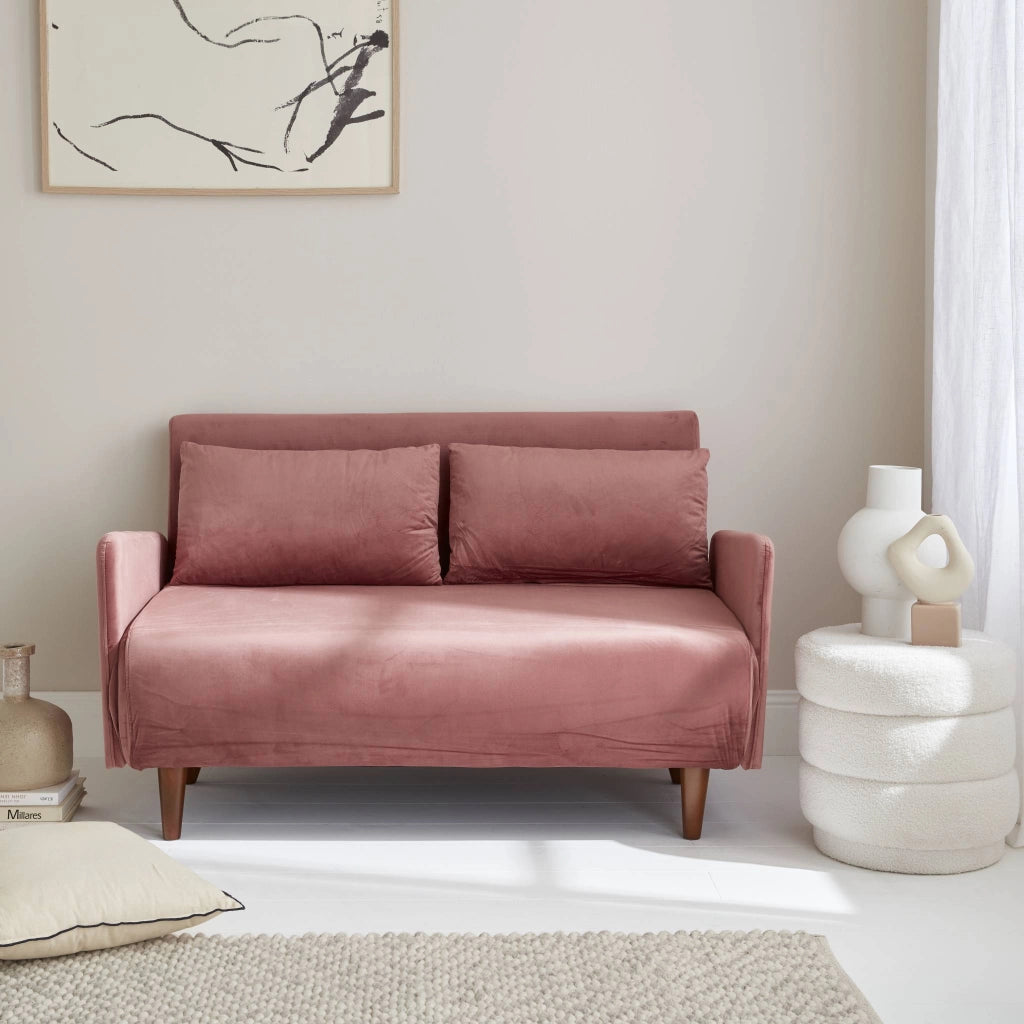 Divano letto in velluto con gambe in legno, 2 posti, rosa antico