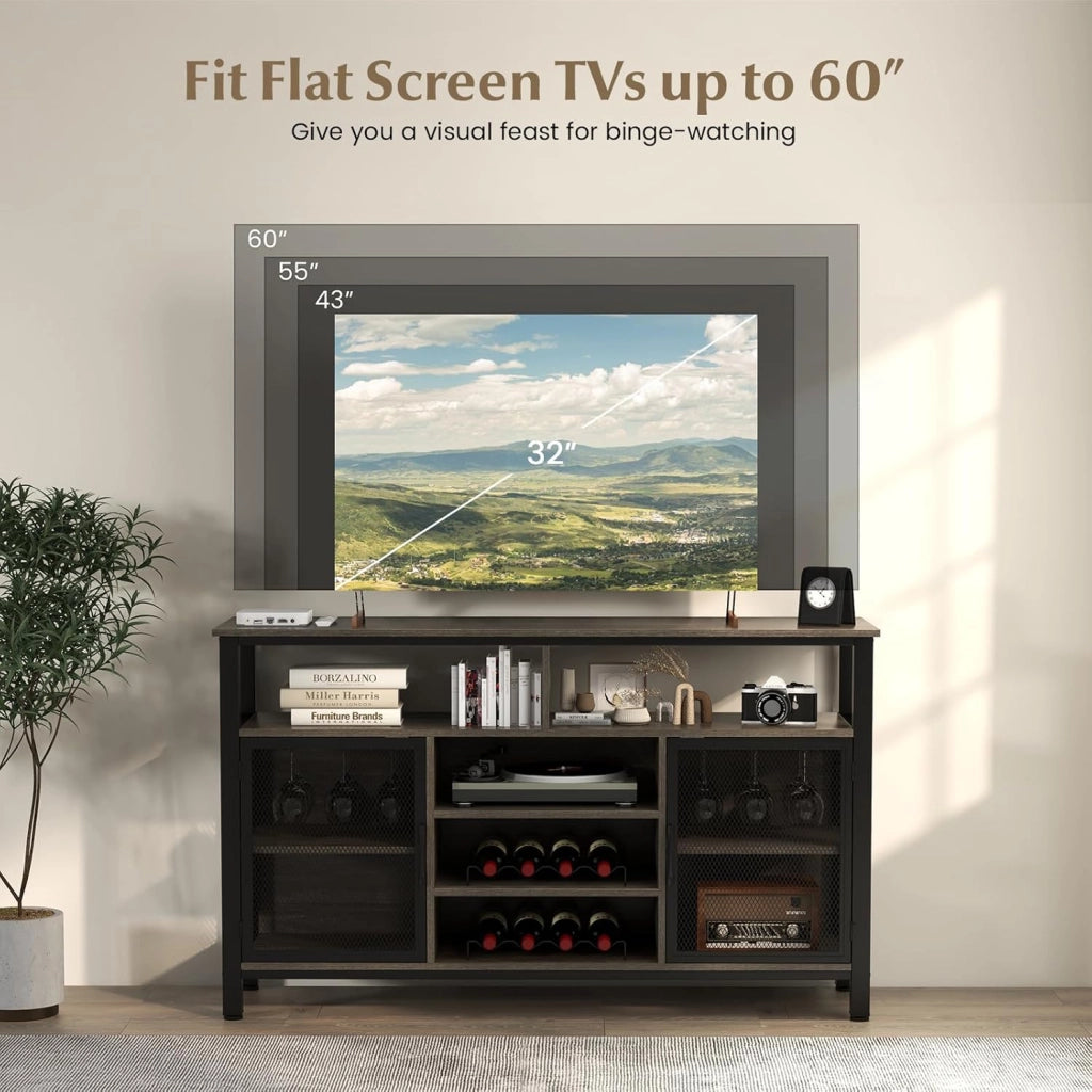 Credenza da Buffet, Mobilellto da Cucina con Portabottiglie e Portabicchieri, Porta TV per TV fino a 60" con 2 Armadietti con Anta, 3 Ripiani e 2 Scomparti Aperti, Nero/Grigio(Grigio)