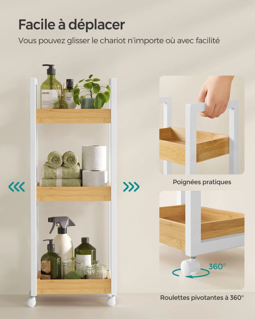Carrello da bagno scaffale sottile da bagno carrello portaoggetti a 3 ripiani su ruote bambù salvaspazio 20 x 30 x 80 cm bianco 12_0005028