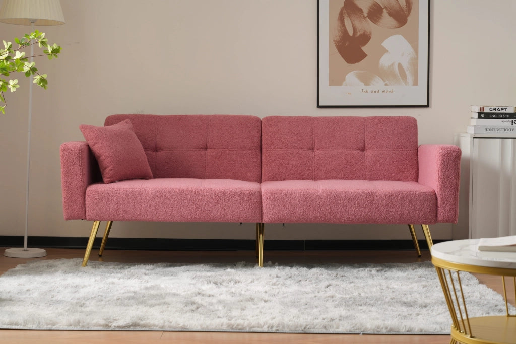 Divano Letto 2 Posti con Schienale Regolabile 105-180°; Tasche Laterali e Cuscini; in Sherpa Rosa