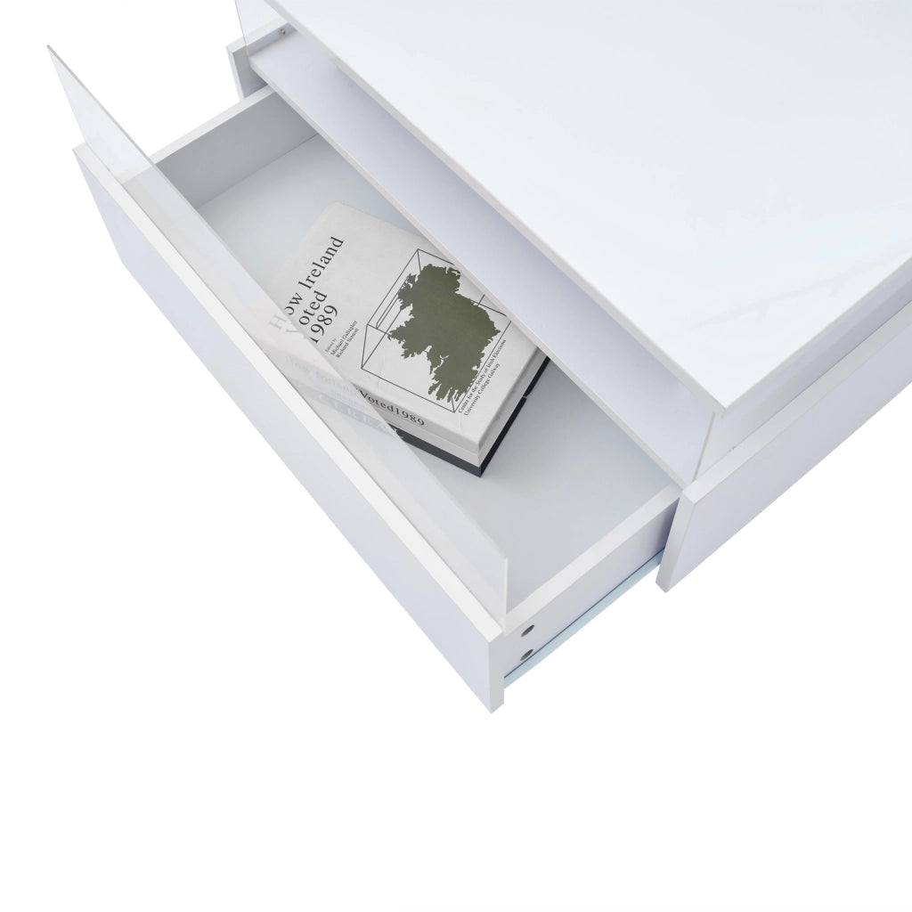 TAVOLO da caffè LED 70x70x41 cm Bianco lucido con 2 cassetti