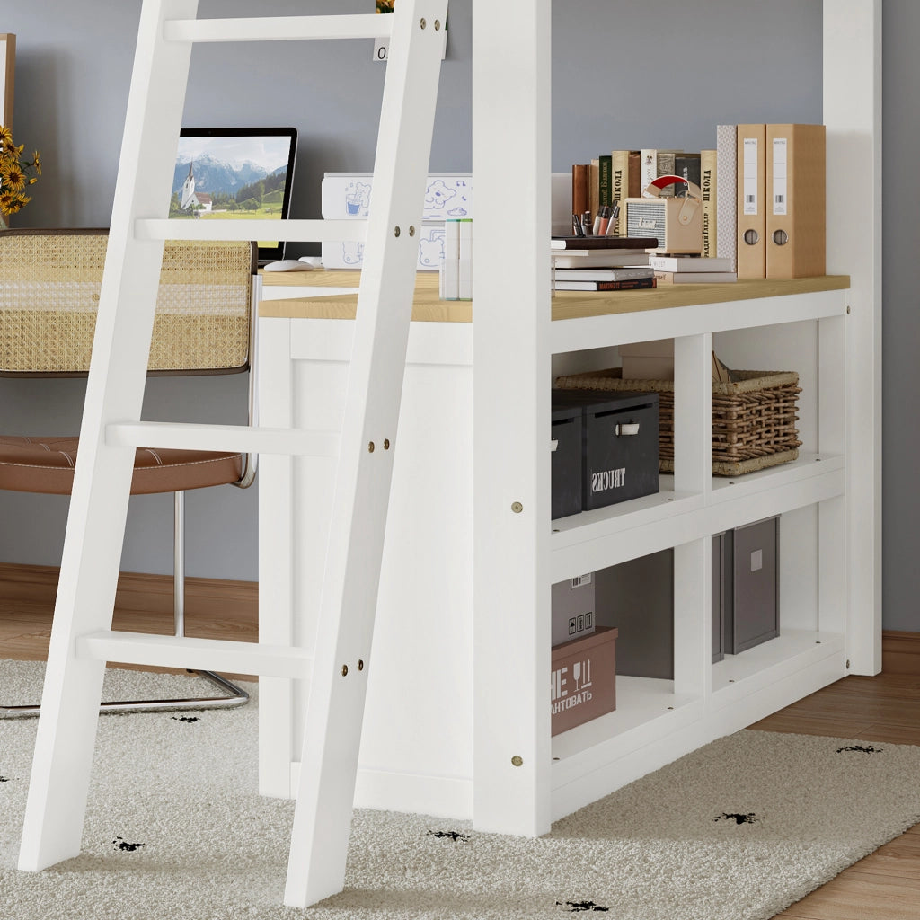 Letto a Soppalco 140 x 200 cm - Scrivania a U; 2 Cassetti e Scaffale - Bianco e Naturale