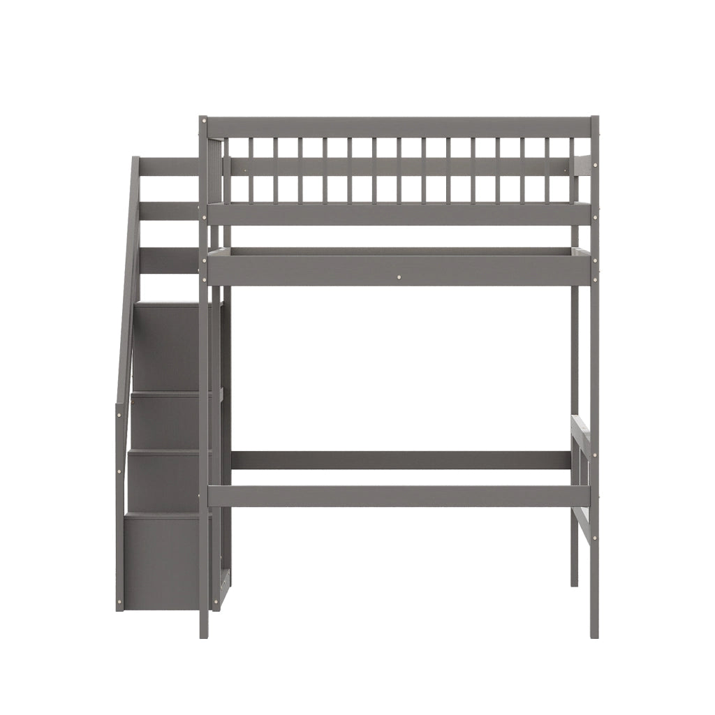 OKWISH Letto a soppalco 140×200 cm, Letto Matrimoniale con Scala Contenitore, 3 Armadietti e Sponda Alta, senza Materasso, Grigio