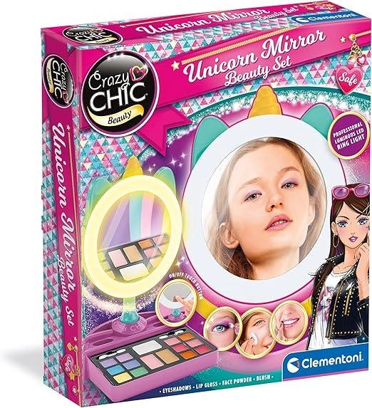 Crazy Chic - Make-up Unicorn Mirror, Trousse Trucco Lavabile , Set Completo con Cosmetici e LED Ring Light,Clementoni,Et