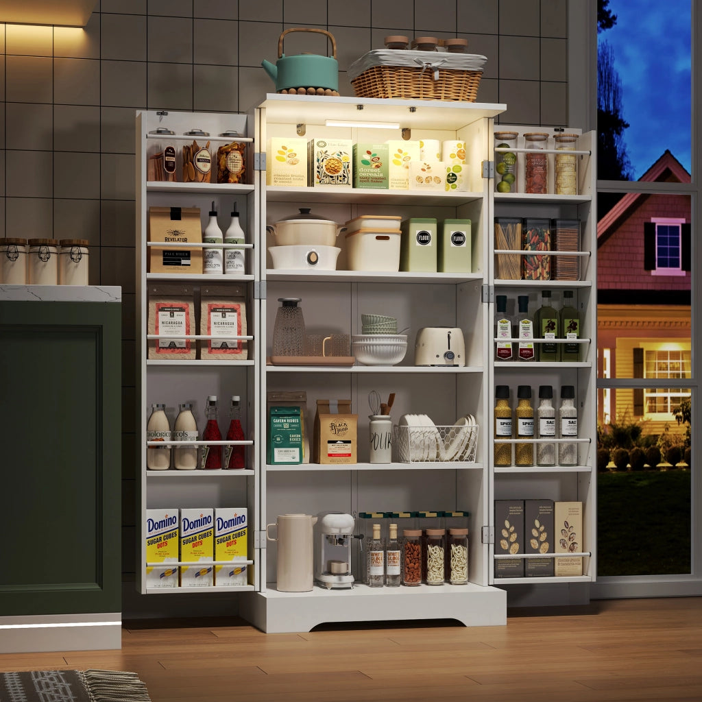 Credenza cucina salvaspazio bianca 60x35x128 cm con luce LED sensore, ripiani regolabili e 1 pacco
