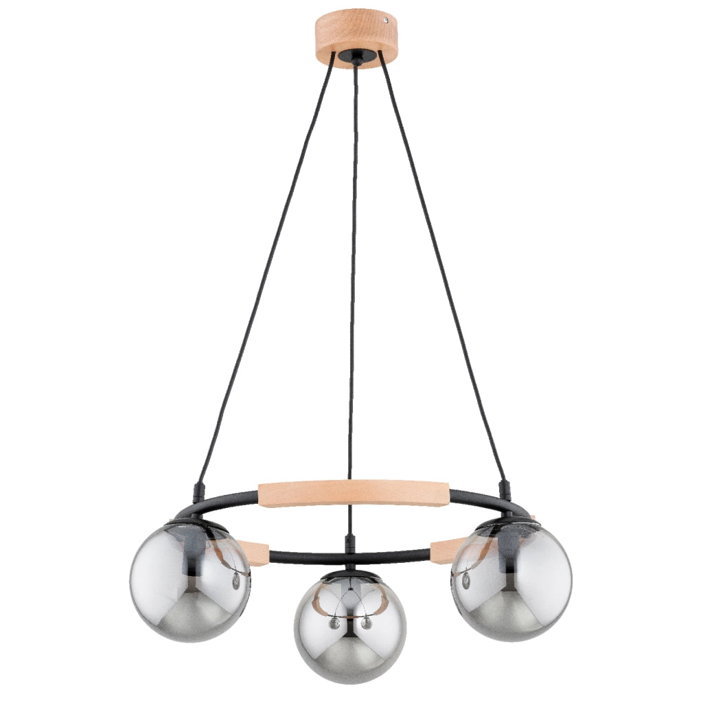 Lampada a sospensione Alfa Aksja nera legno vetro 3xE14