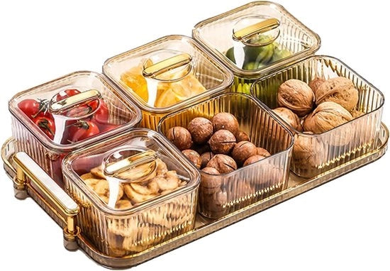 Servizio da snack con coperchio - Tavola da servizio con manico - 6 ciotole trasparenti rimovibili - Servizio da antipasti/dolci/noci/biscotti/cibi da festa/patatine