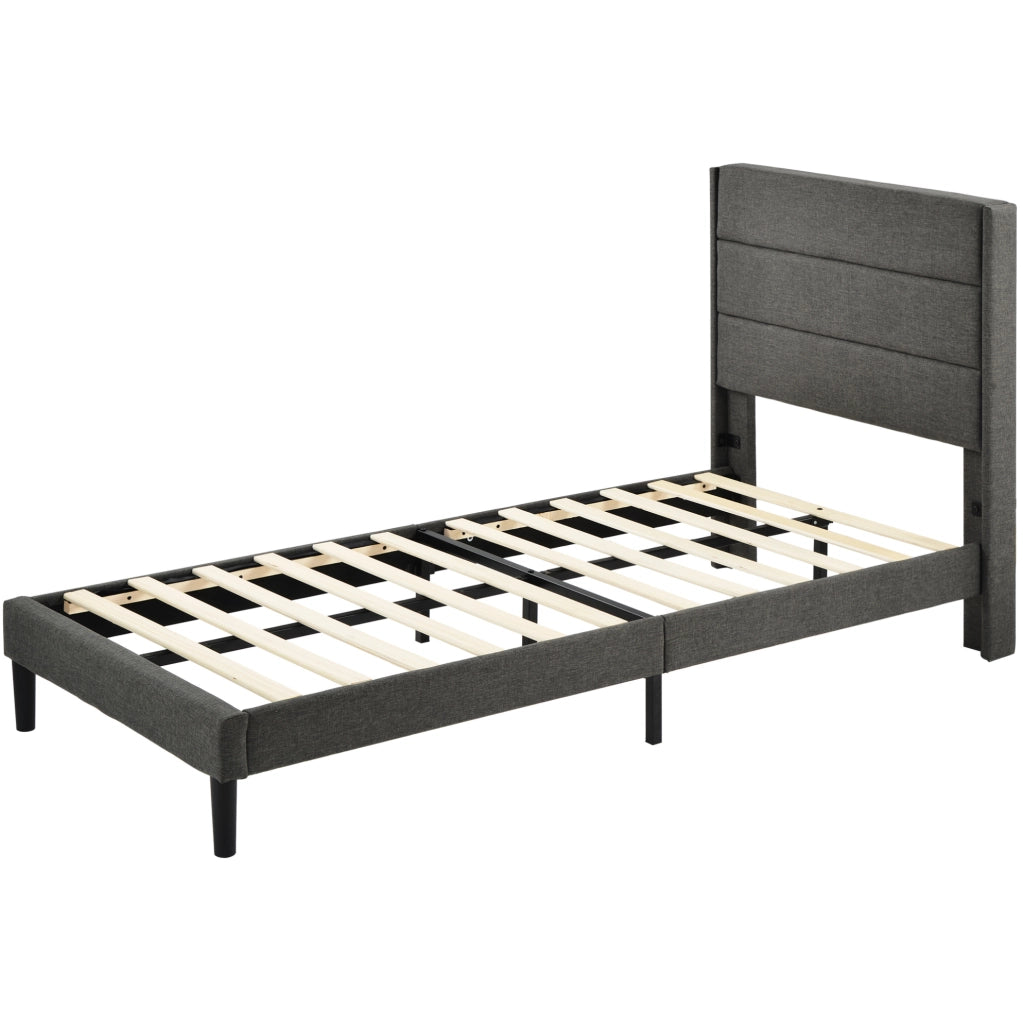 Letto imbottito 90x200 cm con materasso; rete a doghe e testiera in lino grigio