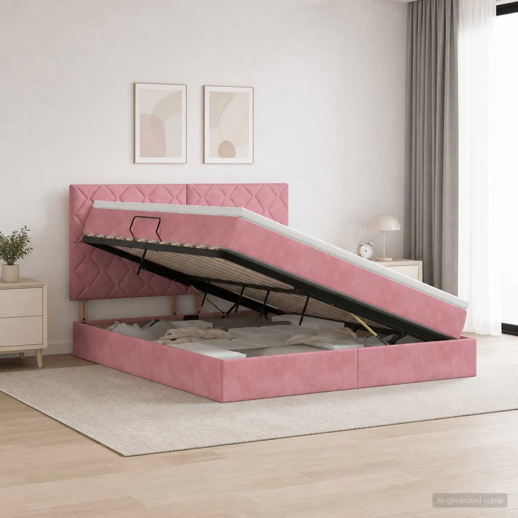 Letto con contenitore e materasso Rosa 140 x 200 cm Velluto 3459758