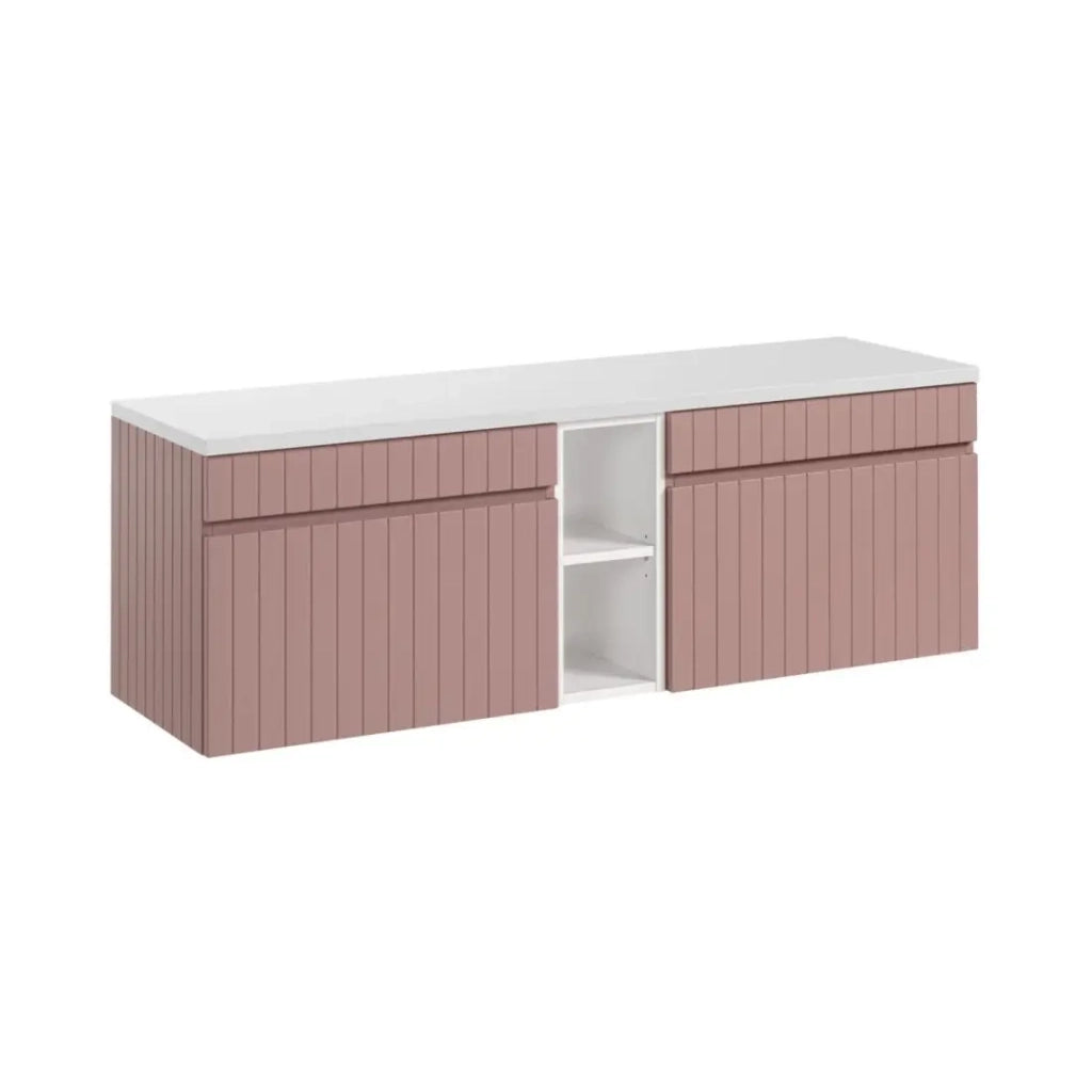 Set ICON: mobile sottolavabo 140cm rosa cipria con nicchie visibili bianche + piano per lavabo bianco