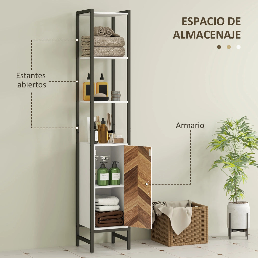 Armadietto Bagno con 3 Ripiani Aperti 1 Anta e Ripiano Regolabile ¨C Zephmum ¨C Bianco e Noce 30x30x170 cm