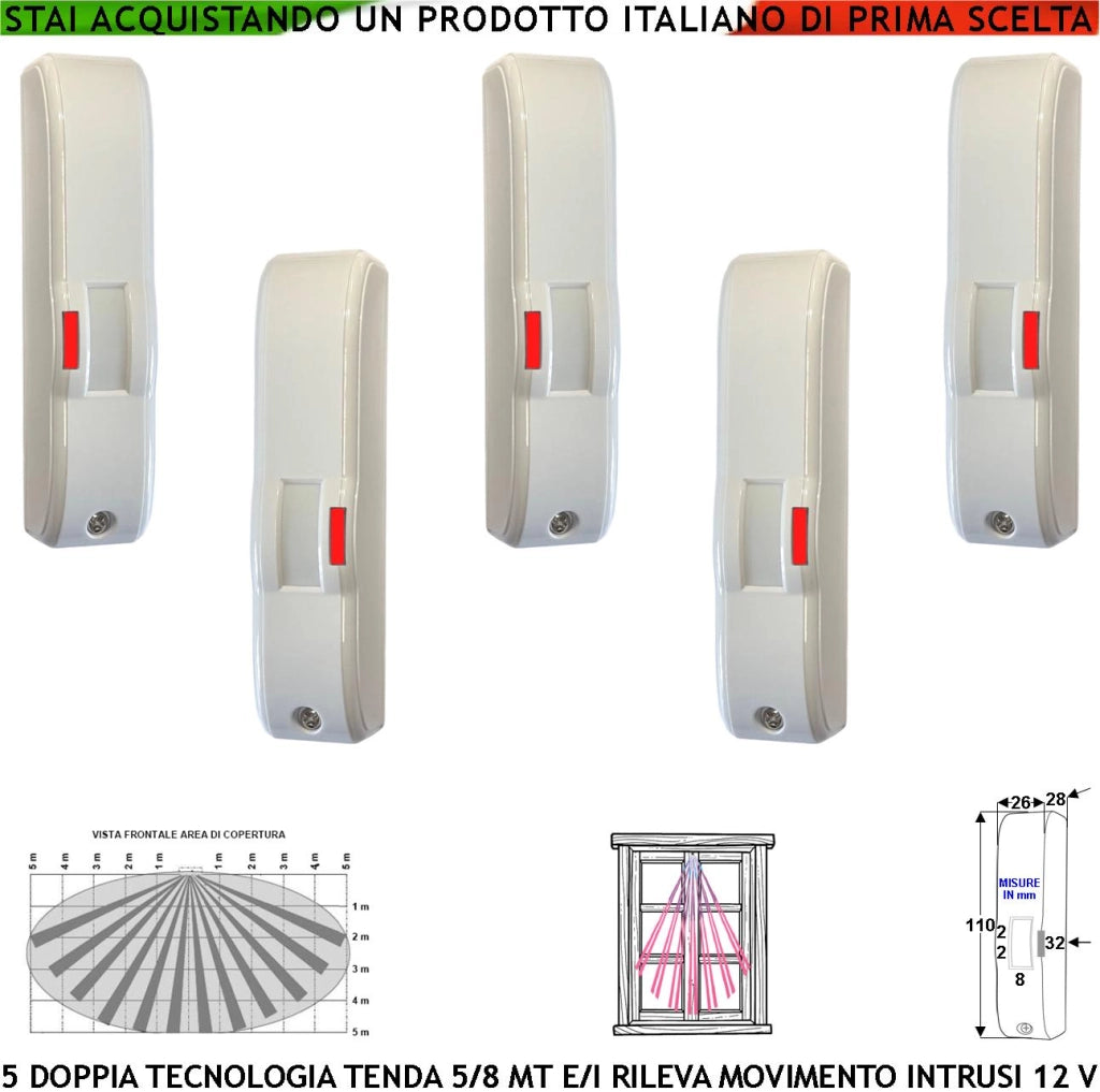 Doppia Tecnologia Tenda Infrarosso e Microonda Cinque Sensori di Movimento Portata 5 Metri Rilevano Intrusi Vano Finestra Ingresso Interno Invia Allarme Alim. 12 V Assorb. 10 mA Cover Bianca ABS IP44