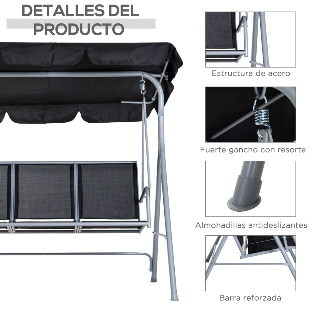 Dondolo Giardino 3 Posti con Toldo ¨C zephmum ¨C 171x108x150 cm Nero