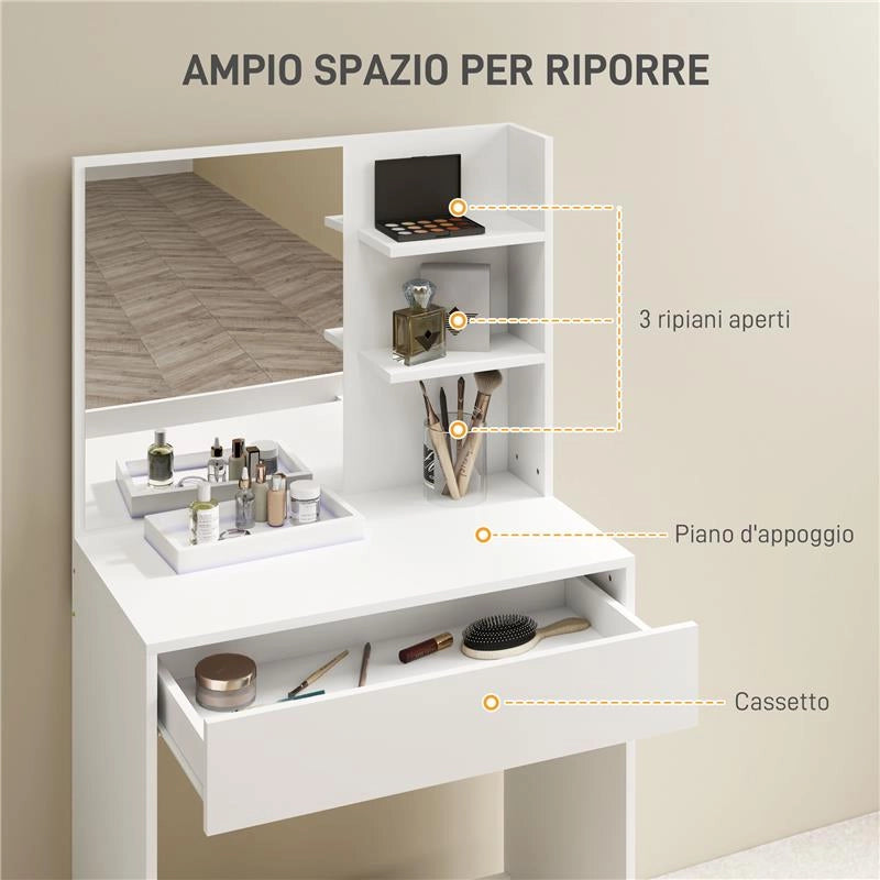 TAVOLO DA TRUCCO A 3 RIPIANI E CASSETTI CON SPECCHIO E SGABELLO, IN TRUCIOLATO, 75X40X137 CM, BIANCO