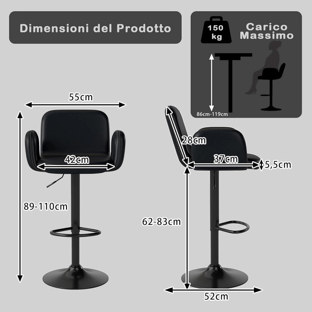 Sgabelli da Bar Girevoli in Pelle Finta con Altezza Regolabile | Set di 2 Sedie da Bar Moderne con Sedile Imbottito, Braccioli e Poggiapiedi per Sala da Pranzo, Cucina e Pub