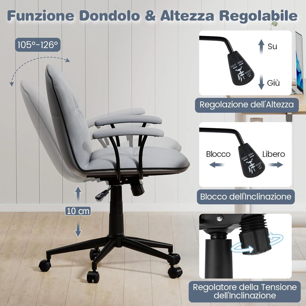 Sedia Ufficio Ergonomica con Altezza Regolabile, Poltrona Scrivania Girevole, Sedia con Braccioli Imbottiti e Ruote, Funzione Dondolo, per Ufficio Scrivania Studio (Grigio)