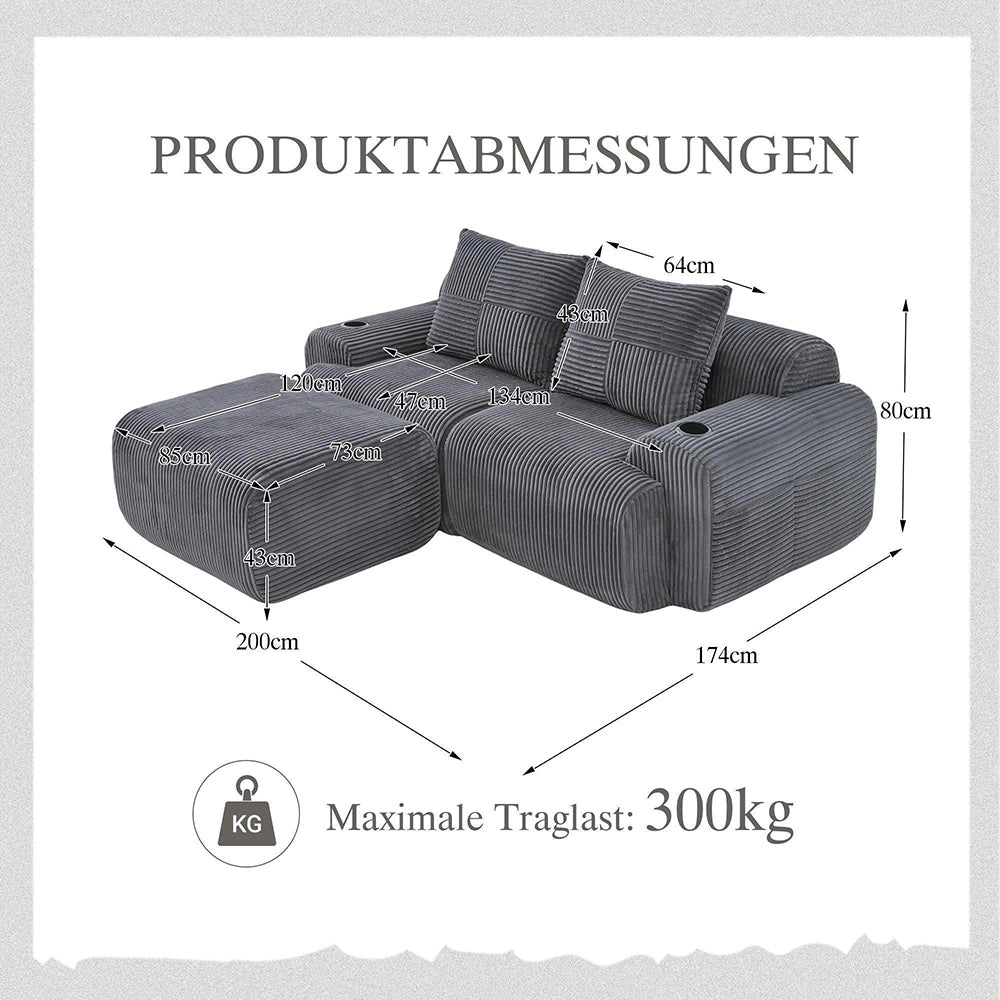 Canap¨¦ modulable in velluto costato per 2 persone - Xylo - Con pouf, porta-bevande e tascone laterale