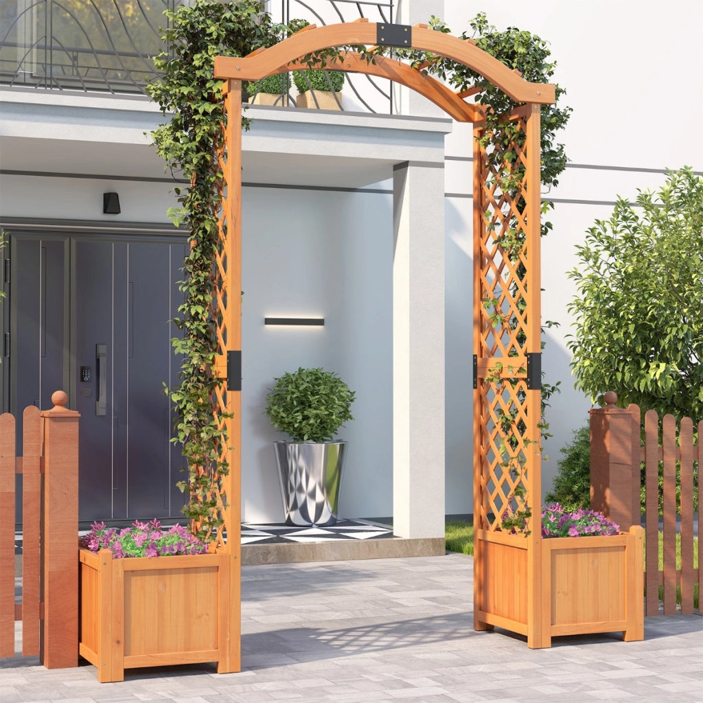 Graticcio arcuato alto 201 cm per piante rampicanti per decorazione cerimonia, Pergolato da giardino in legno con fioriere Giallo-Fioriere