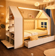 Letto a casetta 90 x 200 cm con LED, cassetti e vani contenitore