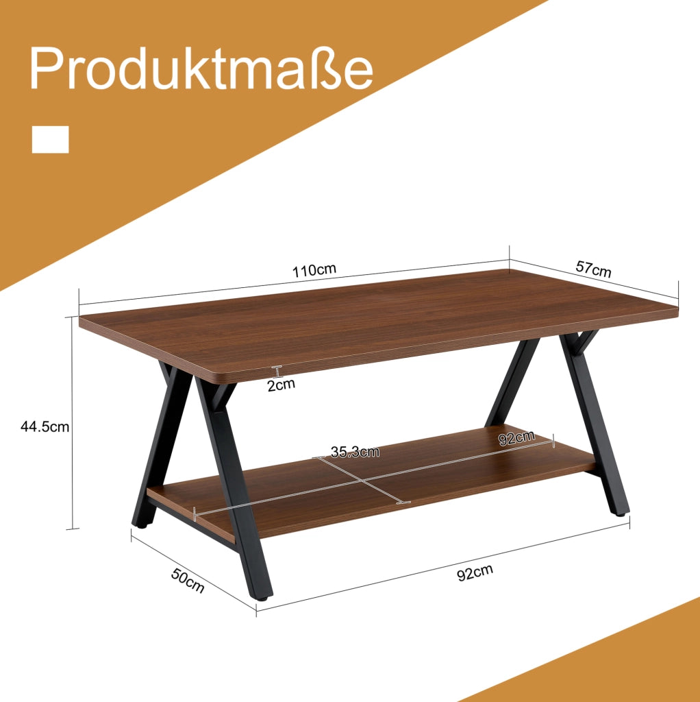 Tavolino da caffè 110x57x44.5 cm con doppio ripiano; MDF e metallo; noce
