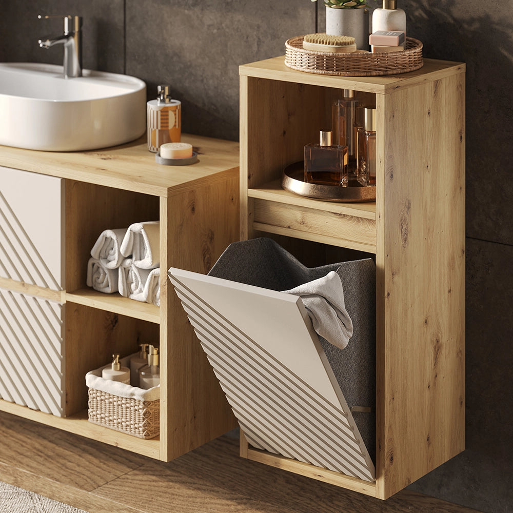 Armadietto da bagno con portabiancheria Viola Rovere artigianale/Cachemire 38 x 80 cm Vicco