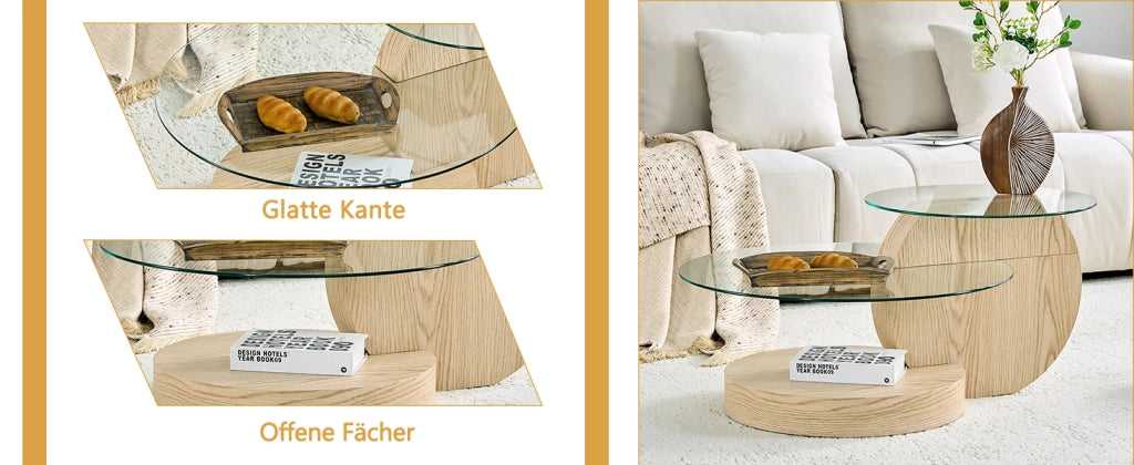 TAVOLINO da caffè a 2 livelli Ø50/70 cm Vetro Trasparente e MDF effetto legno