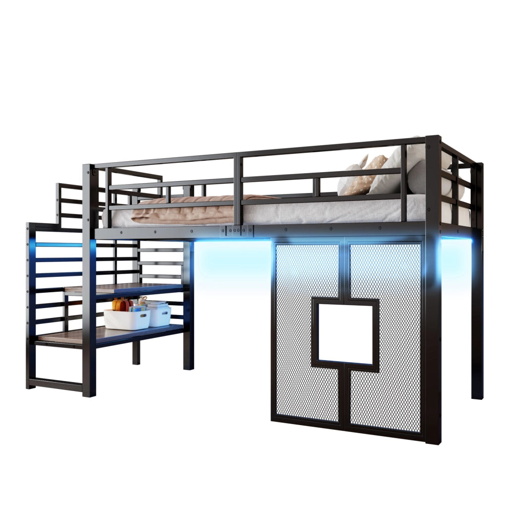 Letto a soppalco 90x200 cm in metallo con scala contenitore e LED