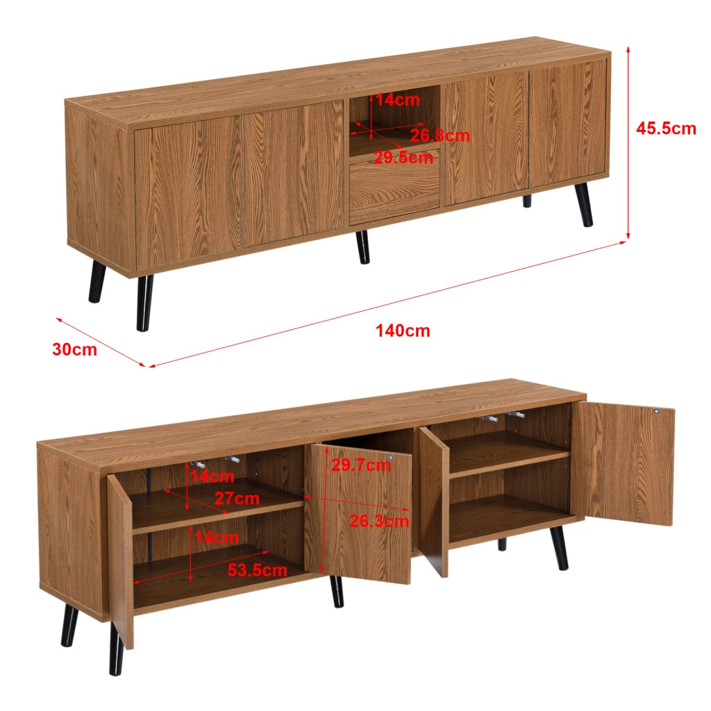 Mobile Porta TV con 5 Ante e 1 Scomparto, Apertura Push-to-Open Mobiletto Multiuso per Camera/Ufficio Armadietto su Piedini in Legno Massiccio Consolle 140x30x45,5 cm - Effetto Legno Scuro