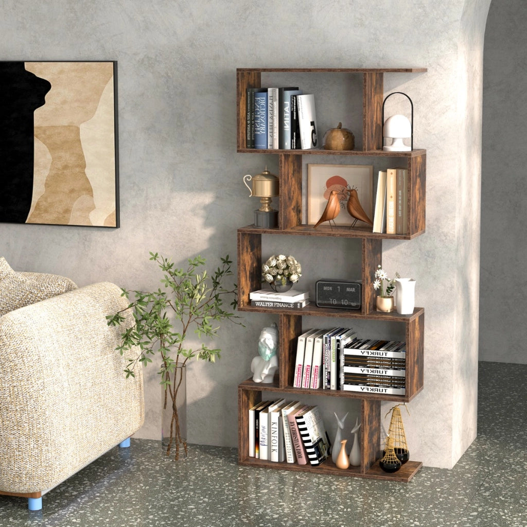Scaffale a 5 ripiani con dispositivo antiribaltamento-Libreria geometrica a forma di S Marrone