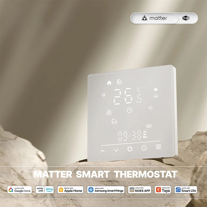 Termostato Matter WIFI 2.4G TUYA, Smart Life, Apple Google Home, Alexa, SmartThings Compatibile Con Scatola 502 Riscaldamento Pavimento Elettrico Bianco 16A 95-240V IP20