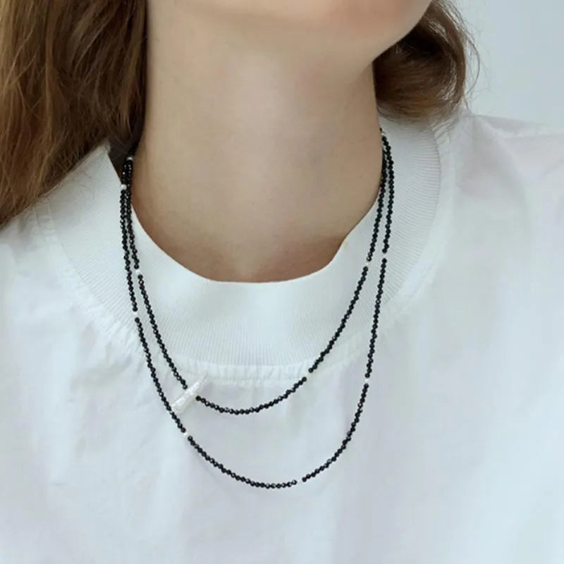 Collana lunga vintage con perle e cristalli neri per clavicola, regalo di Natale o compleanno.