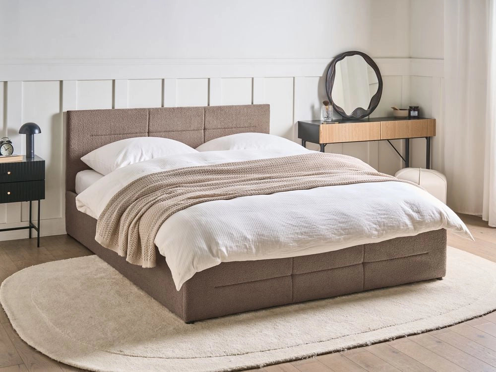 Letto ottomano tortora bouclé 160x200 cm con testiera sollevabile e base a doghe Design moderno