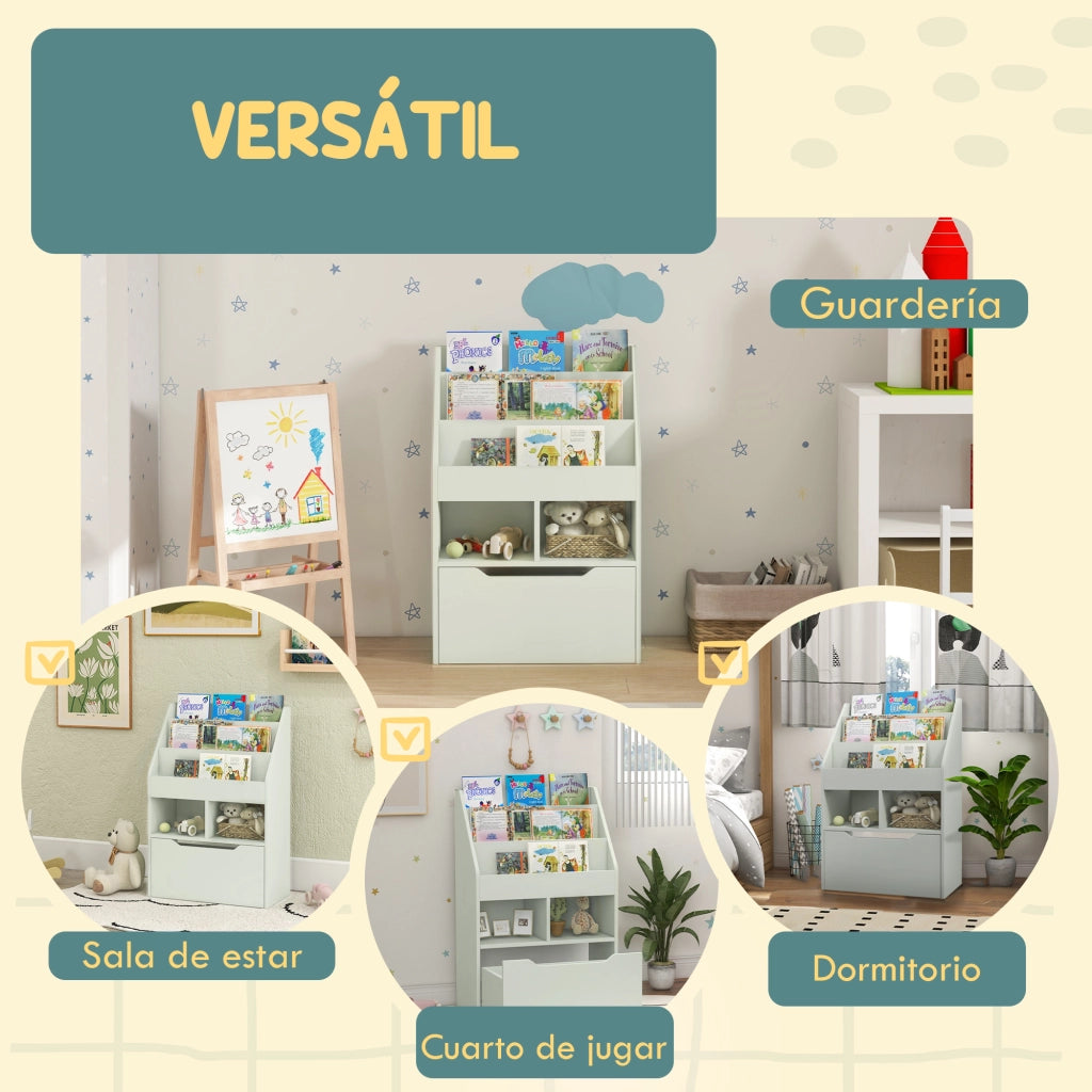 Libreria Bambini con 3 Compartimenti 2 Cubi e Cassetto con Ruote ¨C Zephmum ¨C Verde 60x29.9x90 cm