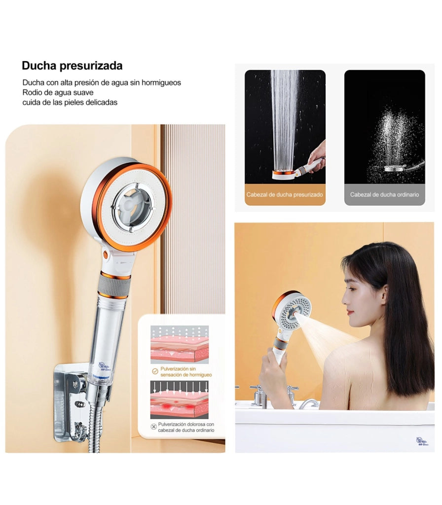 Kit Doccia Soffione Pressurizzato BL-1001S-QIN | Filtro Purificatore | Barra Regolabile con Mensola Integrata | Tubo Encriptato