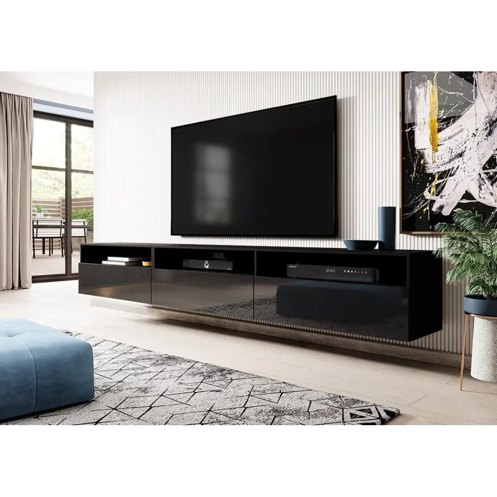 Mobile TV RAMOS nero lucido 270 cm – 3 ante ribaltabili e 3 nicchie – Design moderno
