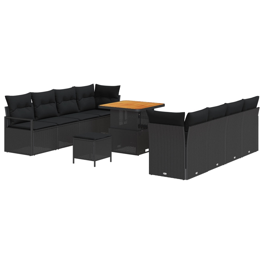 Set Divano Giardino 11 Pezzi con Cuscini Nero Polyrattan Acacia