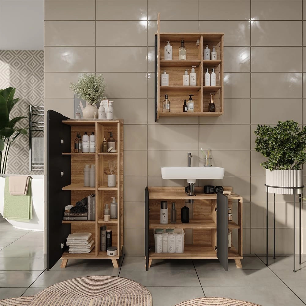 Set di mobili da bagno Karen, Sonoma/antracite, 80 cm, composto da mobile sottolavabo, specchiera e mobile medio