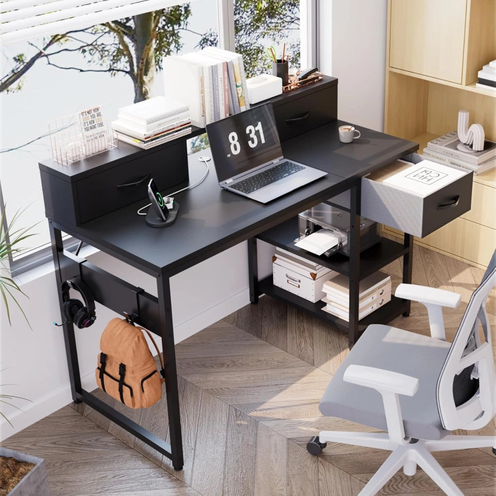 Scrivania Con Cassetti E Ripiano Reversibile, Scrivania Per Computer Con Contenitore, Supporto Per Monitor, Foro Per Cavi, 2 Ripiani Regolabili E Cassetto Inferiore, 120 X 50 Cm, Nero