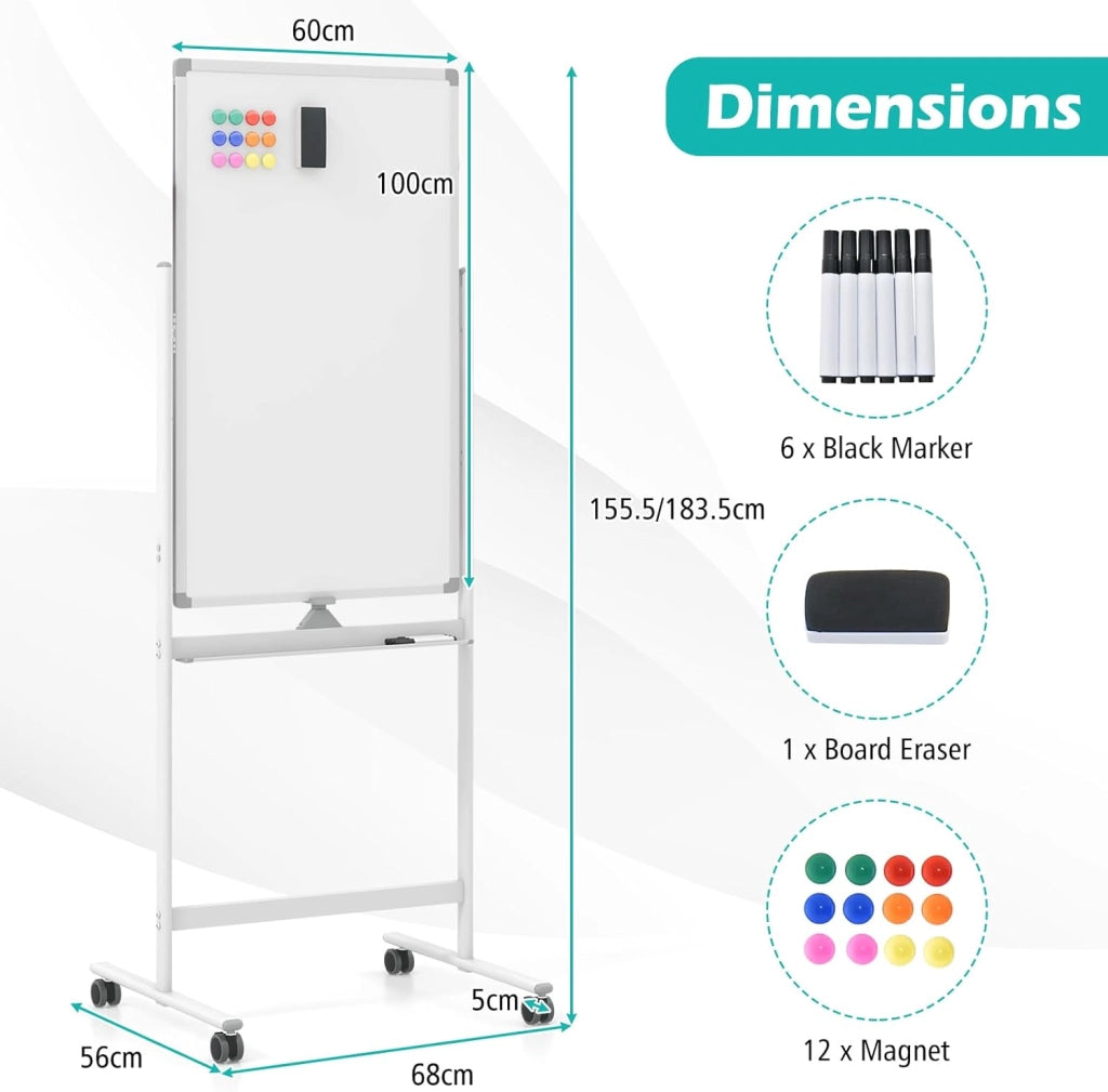 Lavagna bianca mobile double face, 60 x 100 cm, lavagna magnetica su gambe regolabile in 2 altezza, cancellabile a secco, pennarelli neri, cancellatore, magneti (bianco, 60 x 100 cm)
