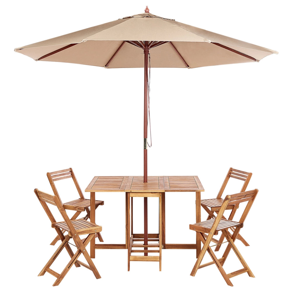 Set da pranzo da giardino con ombrellone Tavolo rettangolare in legno massiccio di acacia chiaro 4 sedie da esterno pieghevoli in stile rustico design moderno