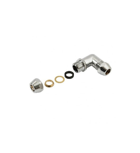 Raccordo a gomito con guarnizioni in gomma, ranelle e anelli tagliati in ottone