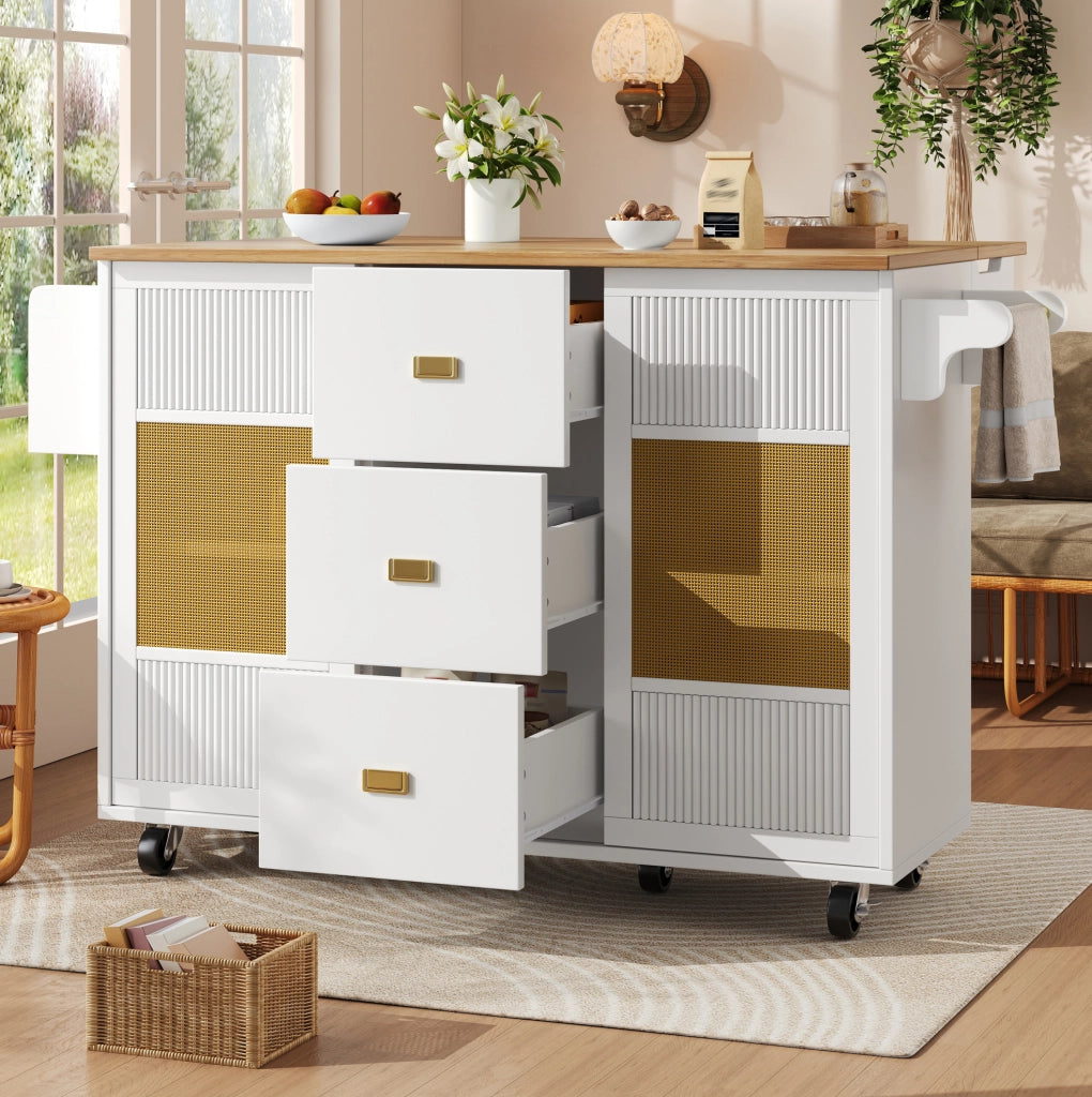 Isola da cucina mobile con piano ribaltabile, 146,85x70x90 cm, bianca, MDF e metallo