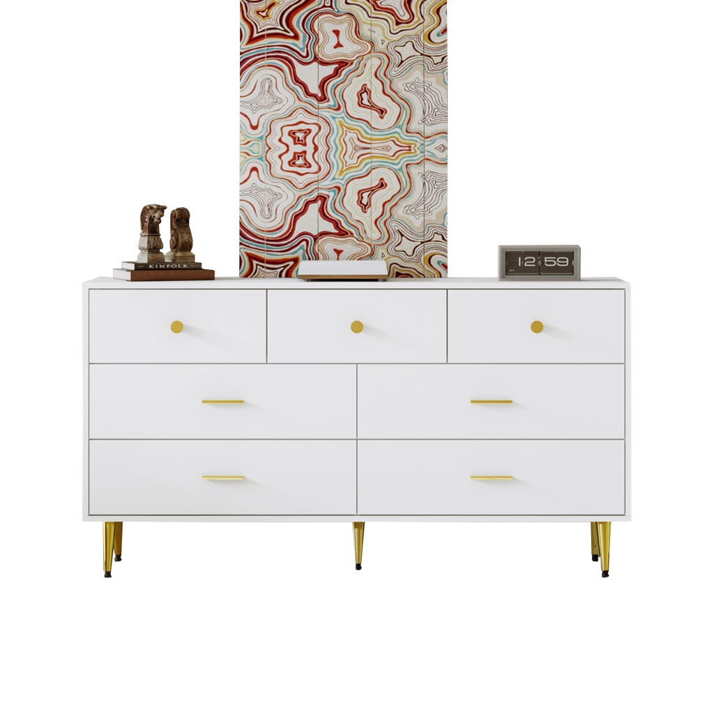 Credenza con 7 Cassetti ¨C Xylo ¨C Bianco, Maniglie Dorate, 140x35x76 cm