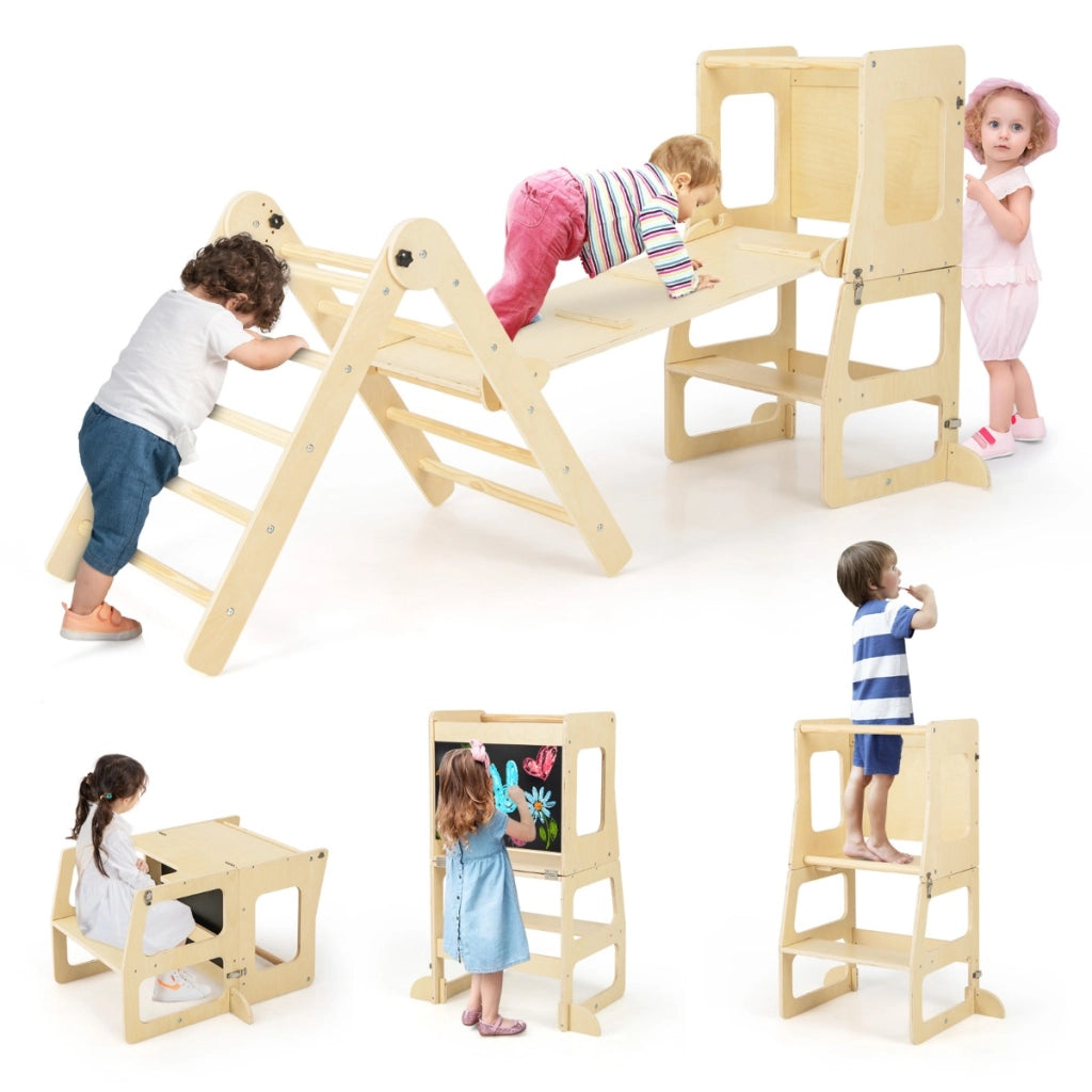 Set di giochi da arrampicata per bambini 7-in-1, Struttura da arrampicata pieghevole con rampa reversibile Naturale-Arrampicate e scivoli