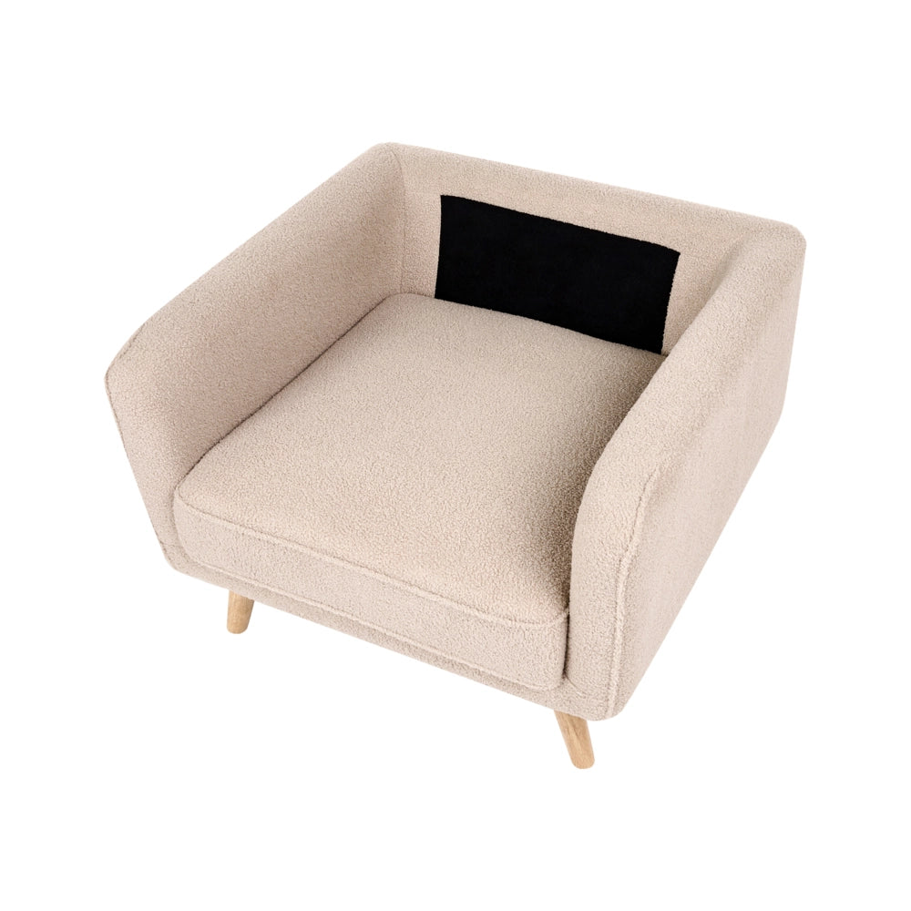 Poltrona beige in bouclé con gambe in legno di quercia stile tradizionale per soggiorno