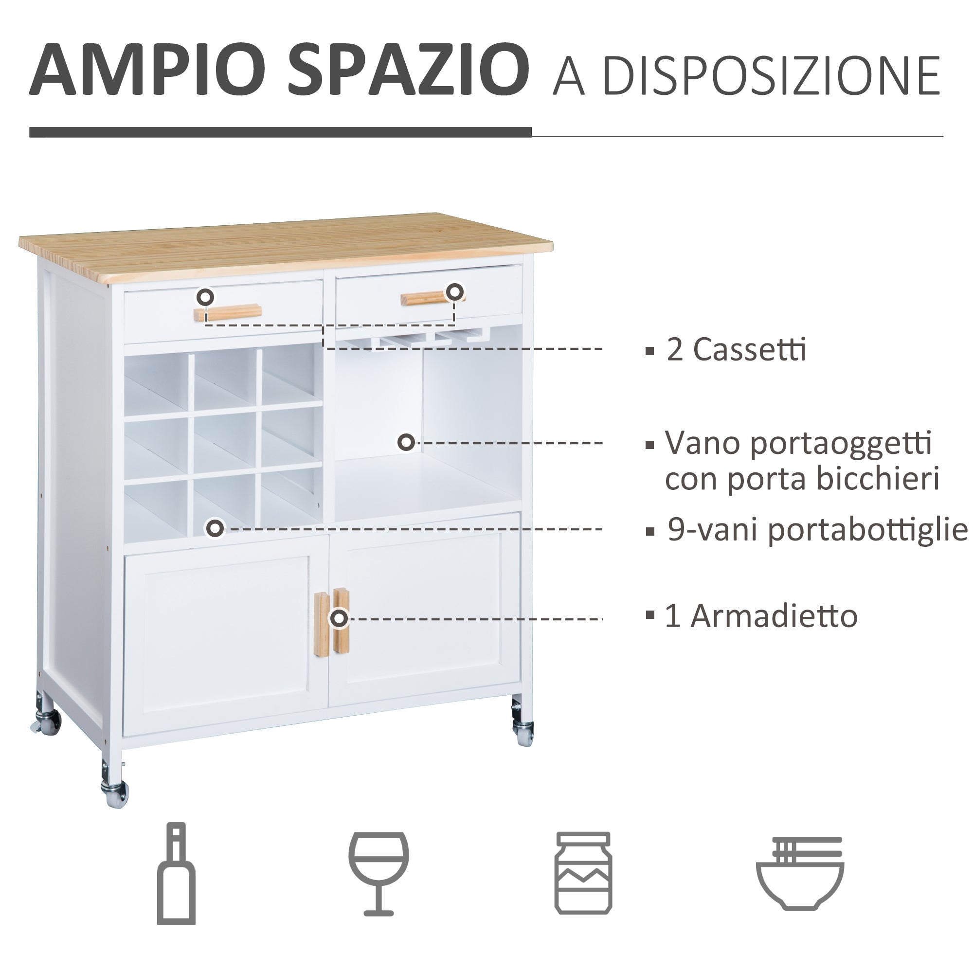 Mobiletto da Cucina con Ruote Portabottiglie e Porta bicchieri in Bambù 76x40x88 cm