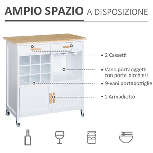Mobiletto da Cucina con Ruote Portabottiglie e Porta bicchieri in Bambù 76x40x88 cm