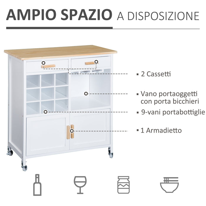 Mobiletto da Cucina con Ruote Portabottiglie e Porta bicchieri in Bambù 76x40x88 cm